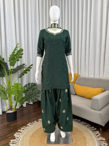 FANCY NATURAL CREPE THREAD WITH SEQUENCE WORK& PEARL WORK TOP PATIYALA WITH DUPATTA GREEN