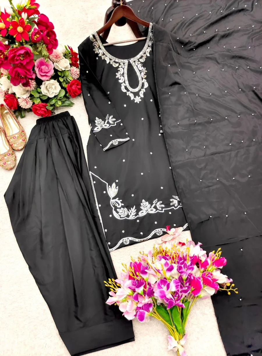 FANCY NATURAL SATIN EMBROIDERY 5 MM SEQUENCE WORK TOP PATIYALA WITH DUPATTA FESTIVE WEAR WHOLESALE PRICE ETHNIC GARMENT (1)