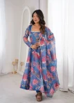FANCY ORGANZA FLORAL PRINT WORK GOWN BOTTOM WITH DUPATTA BLUE