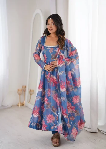 FANCY ORGANZA FLORAL PRINT WORK GOWN BOTTOM WITH DUPATTA BLUE
