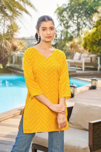 FANCY POLY RAYON PRINT WORK TOP YELLOW
