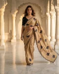 FANCY RANGOLI SILK EMBROIDERY THREAD WITH SEQUENCE WORK SCALLOPED CUTWORK SAREE WITH UNSTITCHED BLOUSE CREAM