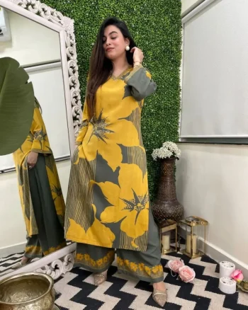FANCY RAYON COTTON DIGITAL PRINT WORK CO-ORD SET YELLOW