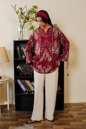 FANCY RAYON COTTON DIGITAL PRINTED WORK TOP PENT SET MAROON