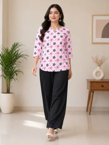 FANCY RAYON DIGITAL PRINT WORK TOP PALAZZO SET BABY PINK