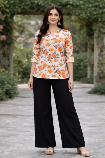 FANCY  RAYON DIGITAL PRINT WORK TOP PALAZZO SET ORANGE