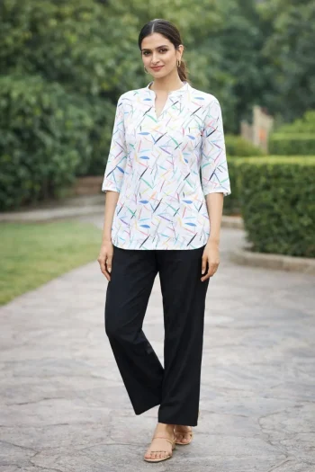 FANCY RAYON DIGITAL PRINT WORK TOP PALAZZO SET WHITE