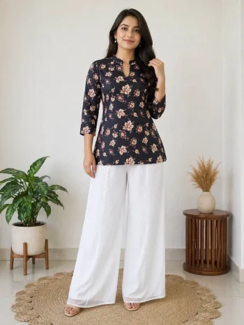 FANCY RAYON DIGITAL PRINT WORK TOP PALAZZO SET BLACK AND WHITE