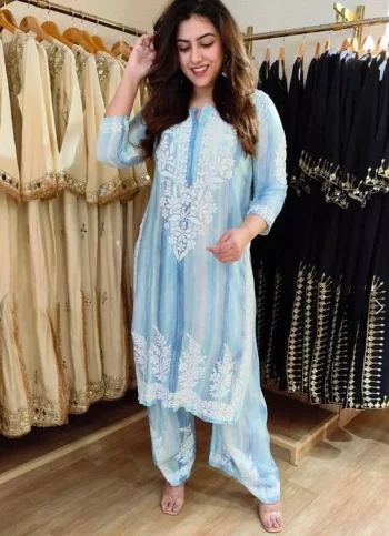 FANCY RAYON EMBROIDERY WORK KURTI PALAZZO SET SKY