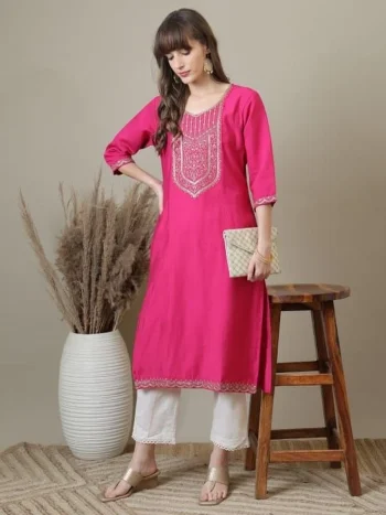 FANCY RAYON EMBROIDERY WORK ONLY KURTI PINK