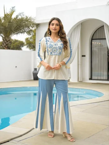 FANCY RAYON SEQUENCE EMBROIDERY WORK TOP PALAZZO SET OFF WHITE AND SKY
