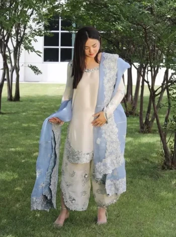 FANCY ROMAN GLASS EMBROIDERY 3 MM SEQUENCE WORK TOP PALAZZO WITH DUPATTA RAMA WHITE