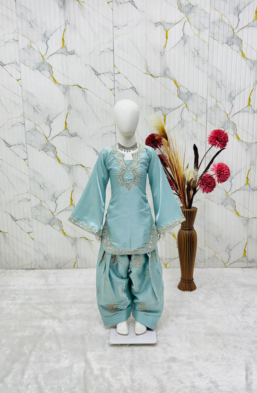 FANCY ROMAN GLASS SILK EMBROIDERY 3 MM SEQUENCE WORK WITH RIVET MOTI WORK KID'S TOP PATIYALA WITH DUPATTA FESTIVE WEAR WHOLESALE PRICE ETHNIC GARMENT (10)