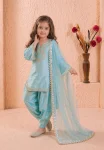FANCY ROMAN GLASS SILK EMBROIDERY 3 MM SEQUENCE WORK WITH RIVET MOTI WORK KID’S TOP PATIYALA WITH DUPATTA FESTIVE WEAR WHOLESALE PRICE ETHNIC GARMENT (2)