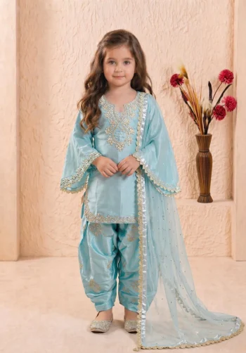 FANCY ROMAN GLASS SILK EMBROIDERY 3 MM SEQUENCE WORK WITH RIVET MOTI WORK KID'S TOP PATIYALA WITH DUPATTA SKY