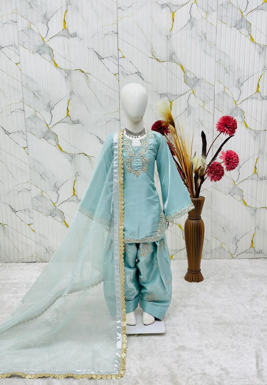FANCY ROMAN GLASS SILK EMBROIDERY 3 MM SEQUENCE WORK WITH RIVET MOTI WORK KID'S TOP PATIYALA WITH DUPATTA FESTIVE WEAR WHOLESALE PRICE ETHNIC GARMENT (4)