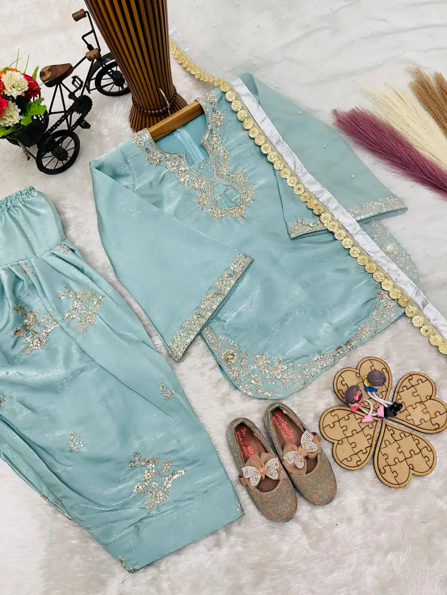 FANCY ROMAN GLASS SILK EMBROIDERY 3 MM SEQUENCE WORK WITH RIVET MOTI WORK KID'S TOP PATIYALA WITH DUPATTA FESTIVE WEAR WHOLESALE PRICE ETHNIC GARMENT (6)