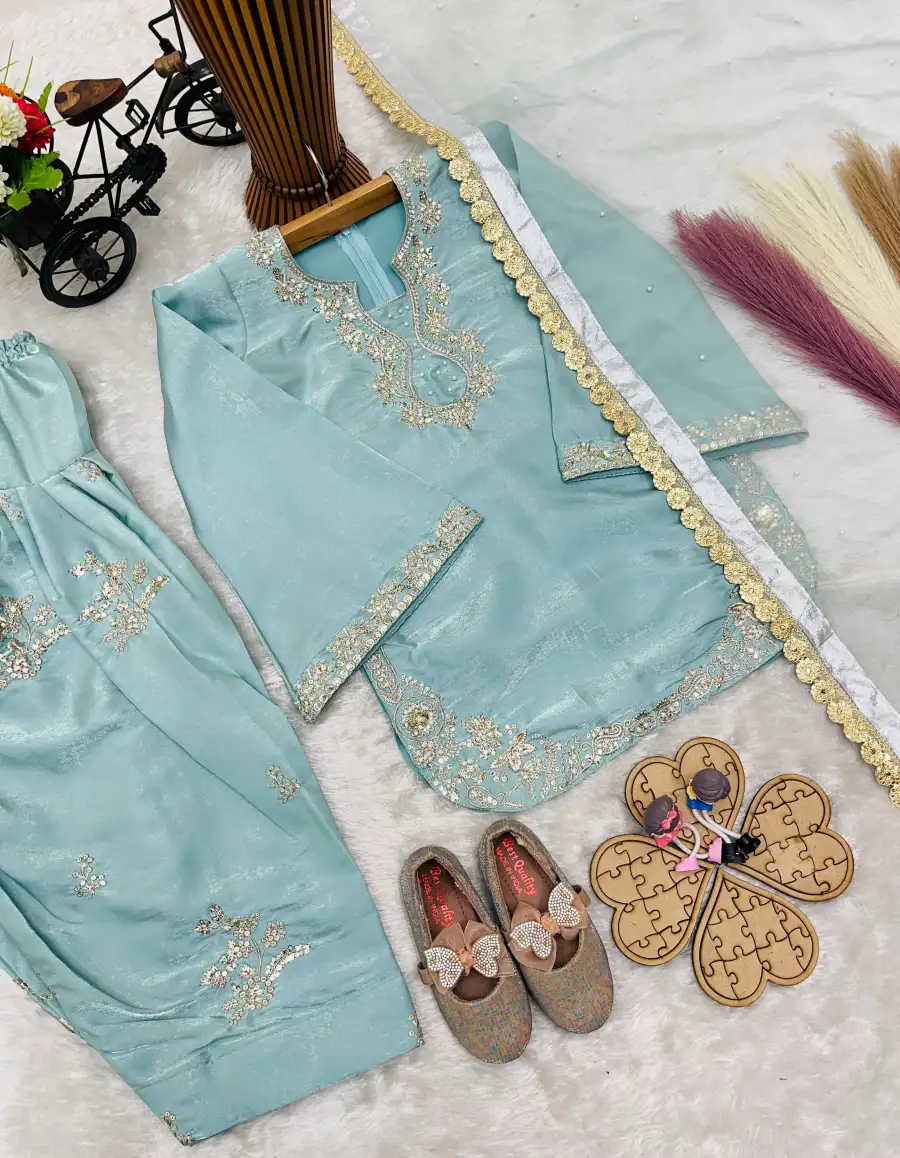 FANCY ROMAN GLASS SILK EMBROIDERY 3 MM SEQUENCE WORK WITH RIVET MOTI WORK KID'S TOP PATIYALA WITH DUPATTA FESTIVE WEAR WHOLESALE PRICE ETHNIC GARMENT (8)
