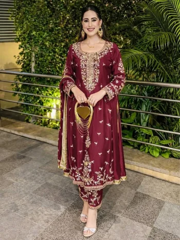 FANCY ROMAN GLASS SILK EMBROIDERY WITH 3 MM RAINBOW SEQUENCE WORK TOP PALAZZO WITH DUPATTA MAROON