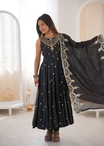 FANCY ROMAN SILK EMBROIDERY SEQUENCE WORK GOWN BOTTOM WITH DUPATTA BLACK