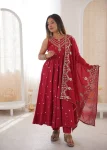 FANCY ROMAN SILK EMBROIDERY SEQUENCE WORK GOWN BOTTOM WITH DUPATTA RED