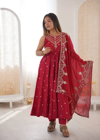 FANCY ROMAN SILK EMBROIDERY SEQUENCE WORK GOWN BOTTOM WITH DUPATTA RED