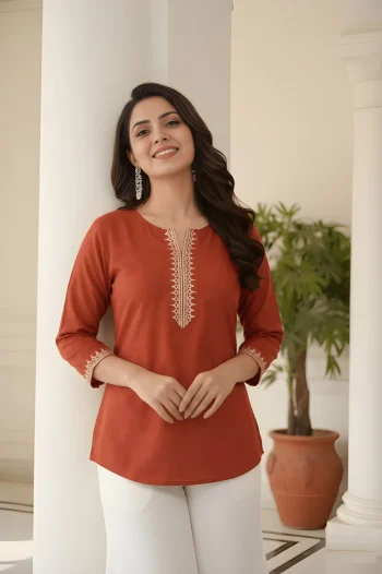 FANCY ROMAN SILK EMBROIDERY WORK  ONLY TOP ORANGE