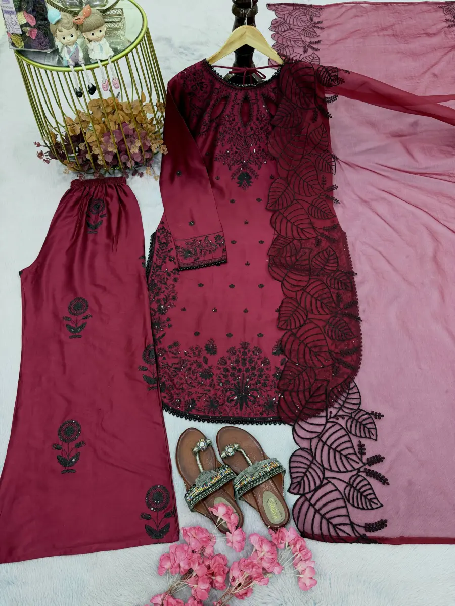FANCY SATIN RAYON EMBROIDERY SEQUENCE WITH FANCY MOTI LATKAN BORDER WORK TOP PALAZZO WITH DUPATTA FESTIVE WEAR WHOLESALE PRICE ETHNIC GARMENT (7)
