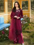 FANCY SATIN RAYON EMBROIDERY  SEQUENCE WITH FANCY MOTI LATKAN BORDER  WORK TOP PALAZZO WITH DUPATTA MAROON