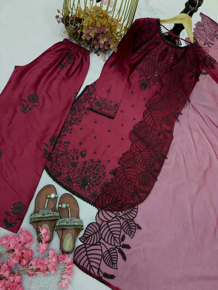 FANCY SATIN RAYON EMBROIDERY SEQUENCE WITH FANCY MOTI LATKAN BORDER WORK TOP PALAZZO WITH DUPATTA FESTIVE WEAR WHOLESALE PRICE ETHNIC GARMENT (9)