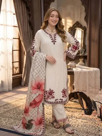 FANCY SATIN RAYON EMBROIDERY THREAD WORK TOP PALAZZO WITH DUPATTA OFF WHITE AND RED