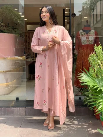 FANCY SLUB COTTON EMBROIDERY WORK TOP BOTTOM WITH DUPATTA BABY PINK