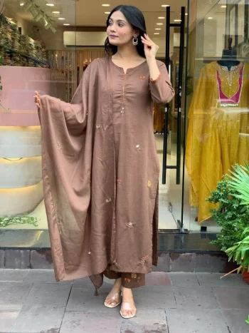 FANCY SLUB COTTON SEQUENCE EMBROIDERED WORK TOP BOTTOM WITH DUPATTA CHIKU
