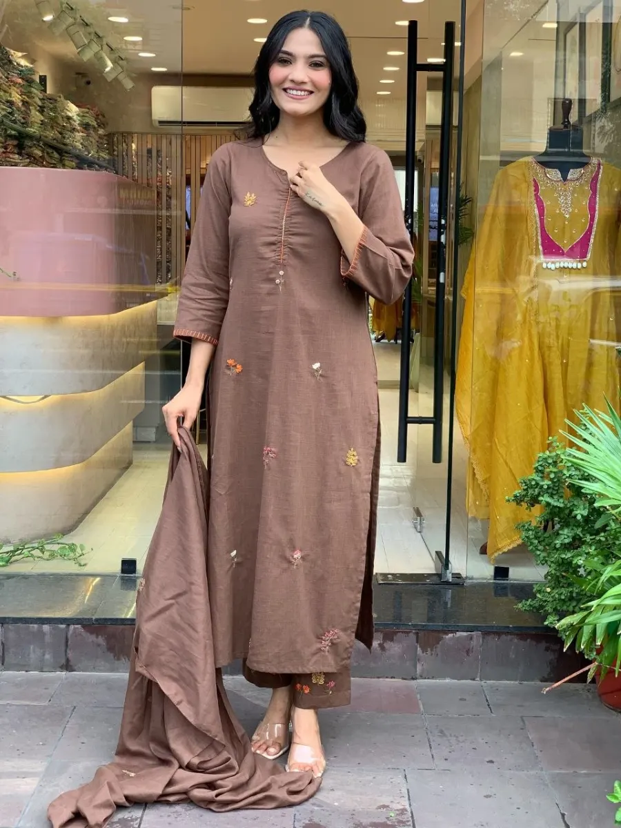 FANCY SLUB COTTON SEQUENCE EMBROIDERED WORK TOP BOTTOM WITH DUPATTA DAILY WEAR WHOLESALE PRICE ETHNIC GARMENT (7)