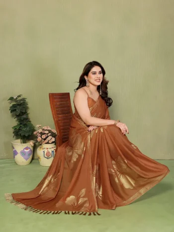 FANCY STAR GEORGETTE SILK FOIL WORK AND SUPER ZALAR LACE WORK SAREE WITH UNSTITCHED BLOUSE CHIKU