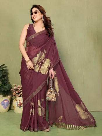 FANCY STAR GEORGETTE SILK FOIL WORK AND SUPER ZALAR LACE WORK SAREE WITH UNSTITCHED BLOUSE MAROON