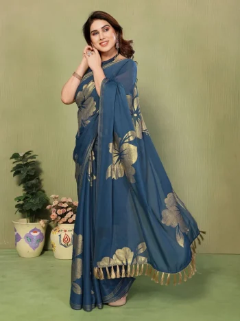 FANCY STAR GEORGETTE SILK FOIL WORK AND SUPER ZALAR LACE WORK SAREE WITH UNSTITCHED BLOUSE TEAL