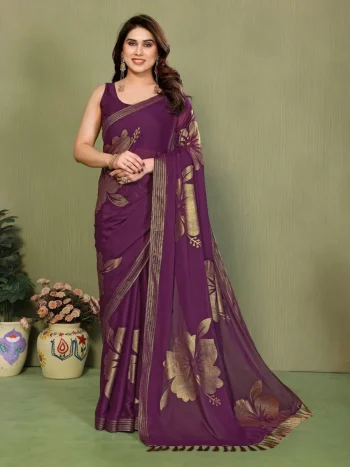 FANCY STAR GEORGETTE SILK FOIL WORK AND SUPER ZALAR LACE WORK SAREE WITH UNSTITCHED BLOUSE WINE