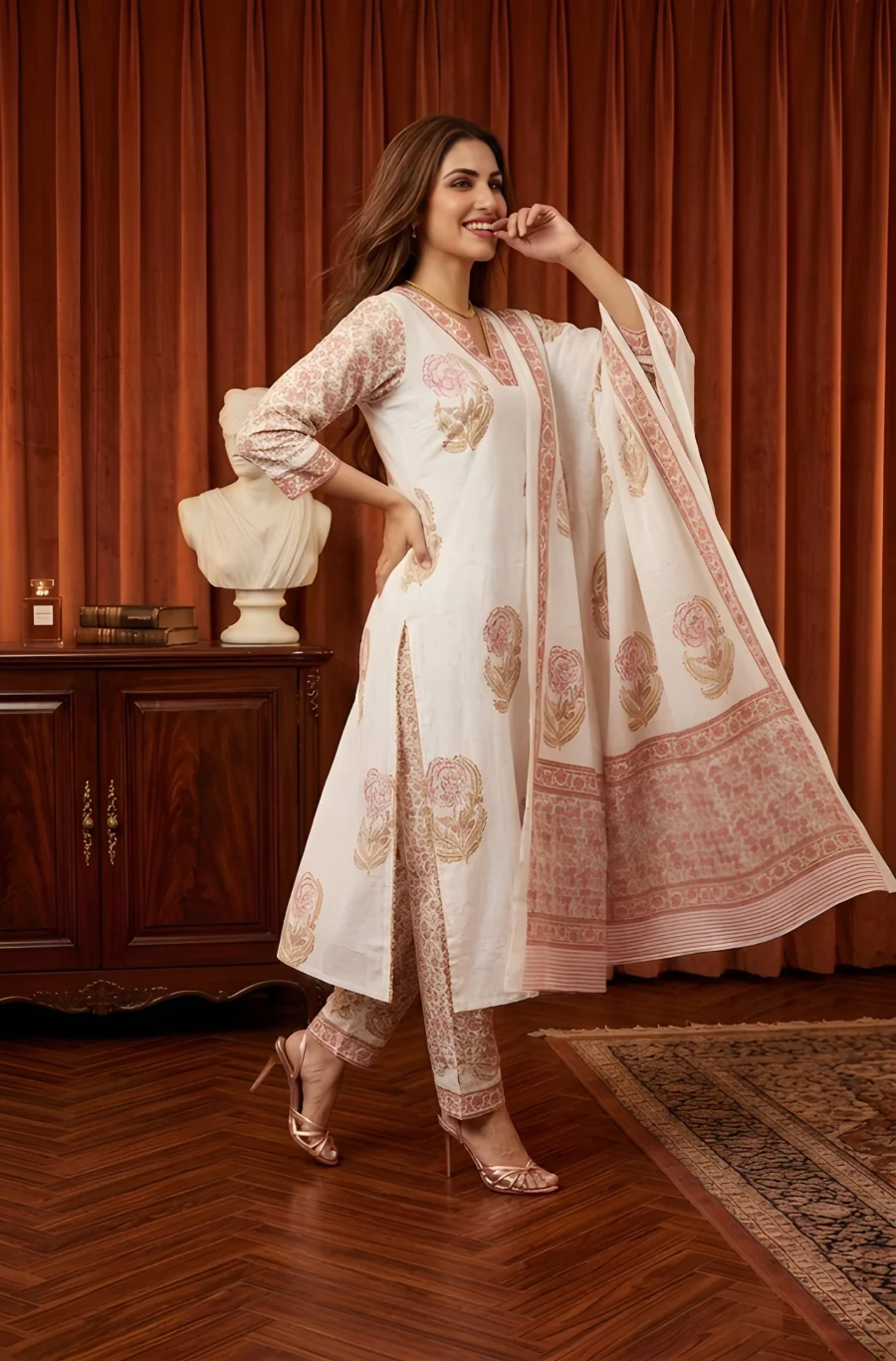 FANCY TAJ COTTON PRINTED WORK TOP BOTTOM WITH DUPATTA OFFICE WEAR WHOLESALE PRICE ETHNIC GARMENT (2)