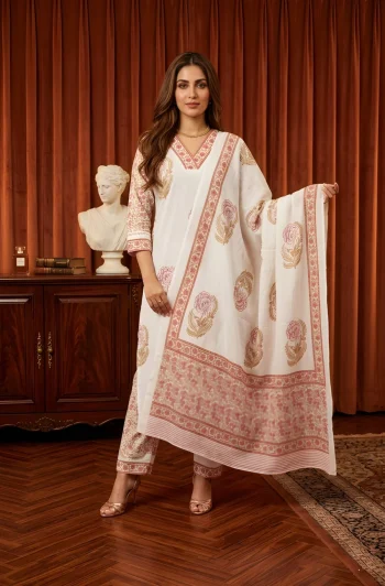 FANCY TAJ COTTON PRINTED WORK TOP BOTTOM WITH DUPATTA OFF WHITE AND PINK