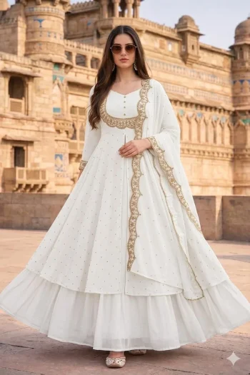 FANCY VICHITRA SILK EMBROIDERY THREAD WORK TOP LEHENGA WITH DUPATTA WHITE