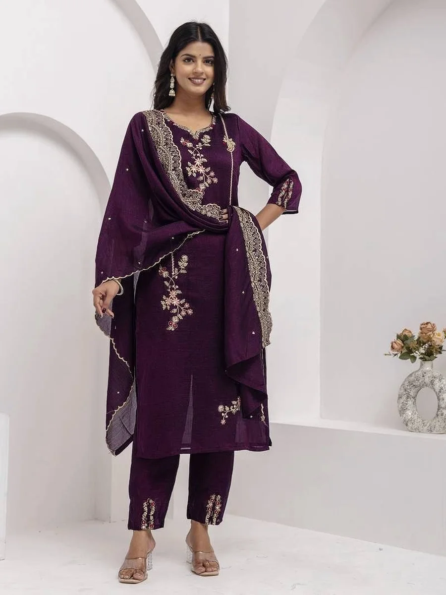 FANCY VICHITRA SILK EMBROIDERY WORK TOP BOTTOM WITH DUPATTA FESTIVE WEAR WHOLESALE PRICE ETHNIC GARMENT (1)