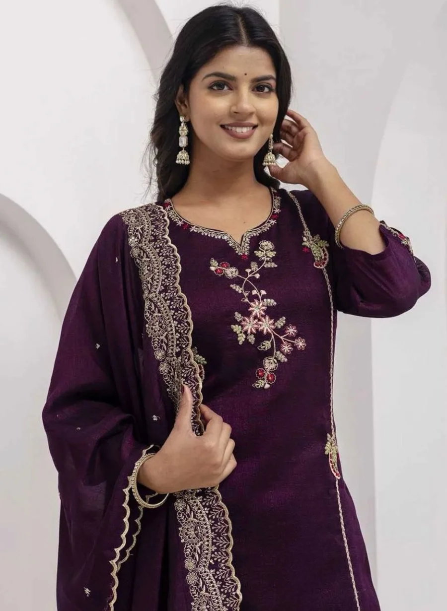 FANCY VICHITRA SILK EMBROIDERY WORK TOP BOTTOM WITH DUPATTA FESTIVE WEAR WHOLESALE PRICE ETHNIC GARMENT (2)