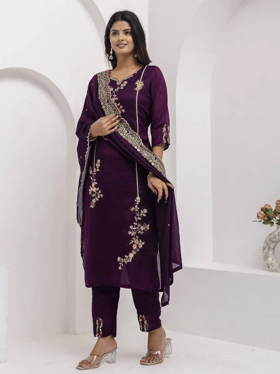FANCY VICHITRA SILK EMBROIDERY WORK TOP BOTTOM WITH DUPATTA FESTIVE WEAR WHOLESALE PRICE ETHNIC GARMENT (3)