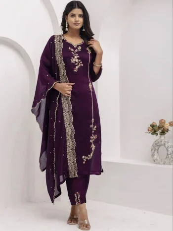 FANCY VICHITRA SILK EMBROIDERY WORK TOP BOTTOM WITH DUPATTA PURPLE