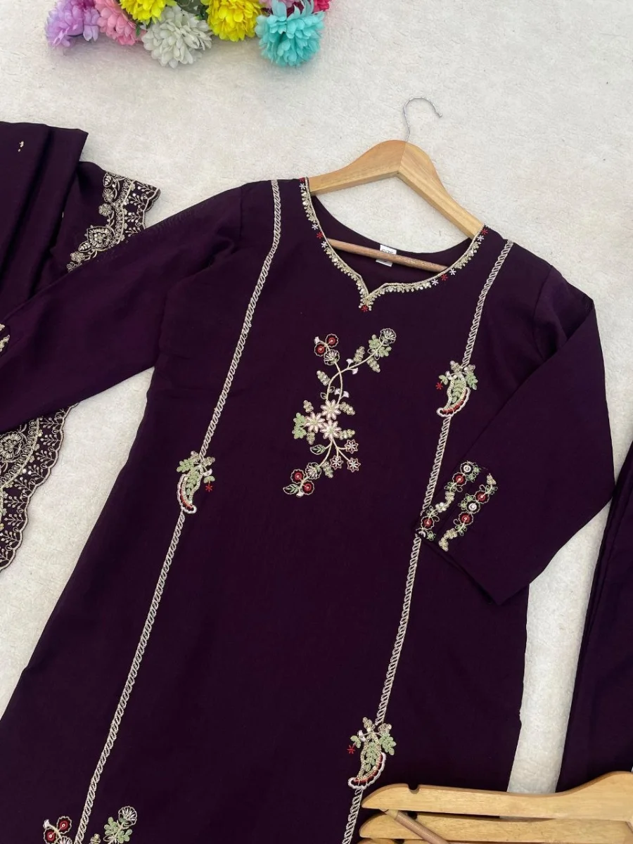 FANCY VICHITRA SILK EMBROIDERY WORK TOP BOTTOM WITH DUPATTA FESTIVE WEAR WHOLESALE PRICE ETHNIC GARMENT (5)