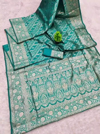 LATEST BANARASI SILK FLOWERS AND MINA & ZARI WEAVING RICH PALLU WITH UNIQUE BORDER WORK SAREE WITH UNSTITCHED BLOUSE RAMA