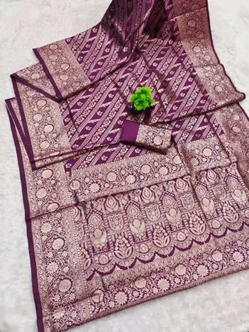 LATEST BANARASI SILK FLOWERS AND MINA & ZARI WEAVING RICH PALLU WITH UNIQUE BORDER WORK SAREE WITH UNSTITCHED BLOUSE WINE