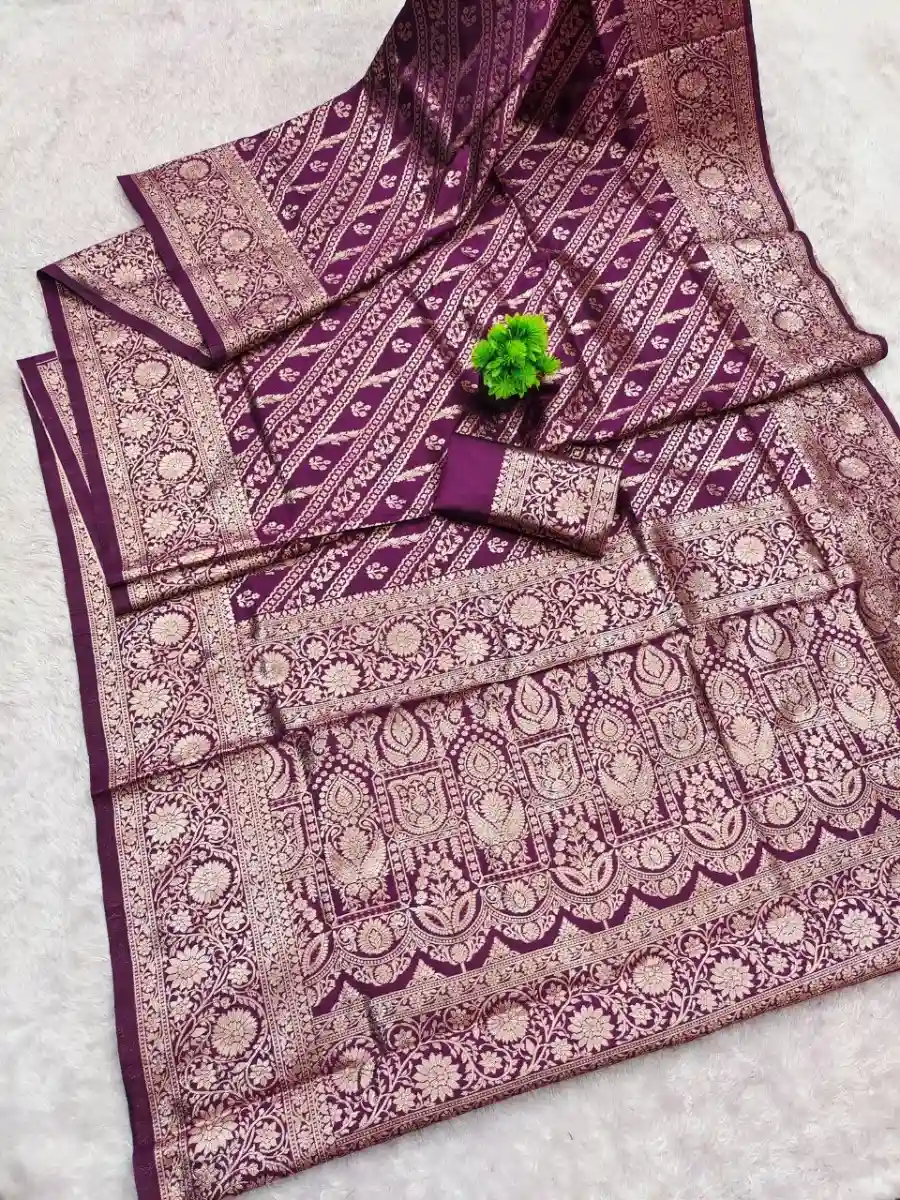 LATEST BANARASI SILK FLOWERS AND MINA & ZARI WEAVING RICH PALLU WITH UNIQUE BORDER WORK SAREE WITH UNSTITCHED BLOUSE FESTIVE WEAR WHOLESALE PRICE ETHNIC GARMENT (2)