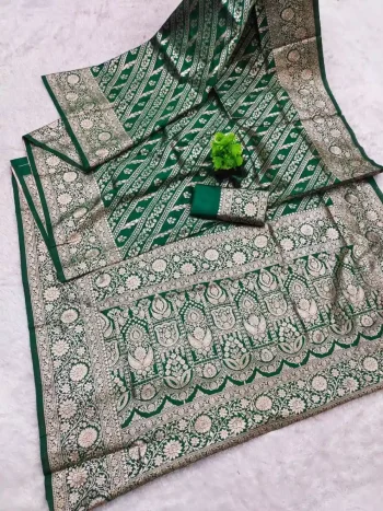 LATEST BANARASI SILK FLOWERS AND MINA & ZARI WEAVING RICH PALLU WITH UNIQUE BORDER WORK SAREE WITH UNSTITCHED BLOUSE GREEN